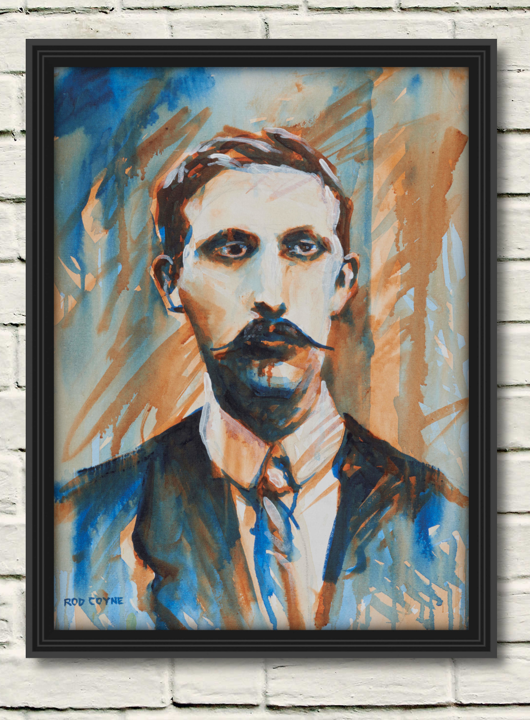 artist rod coyne's portrait "Éamonn Ceannt 1916" is shown here, in a black frame on a white wall.