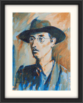 artist rod coyne's portrait "Joseph Mary Plunkett 1916" is shown here, on a white mount in a black frame.