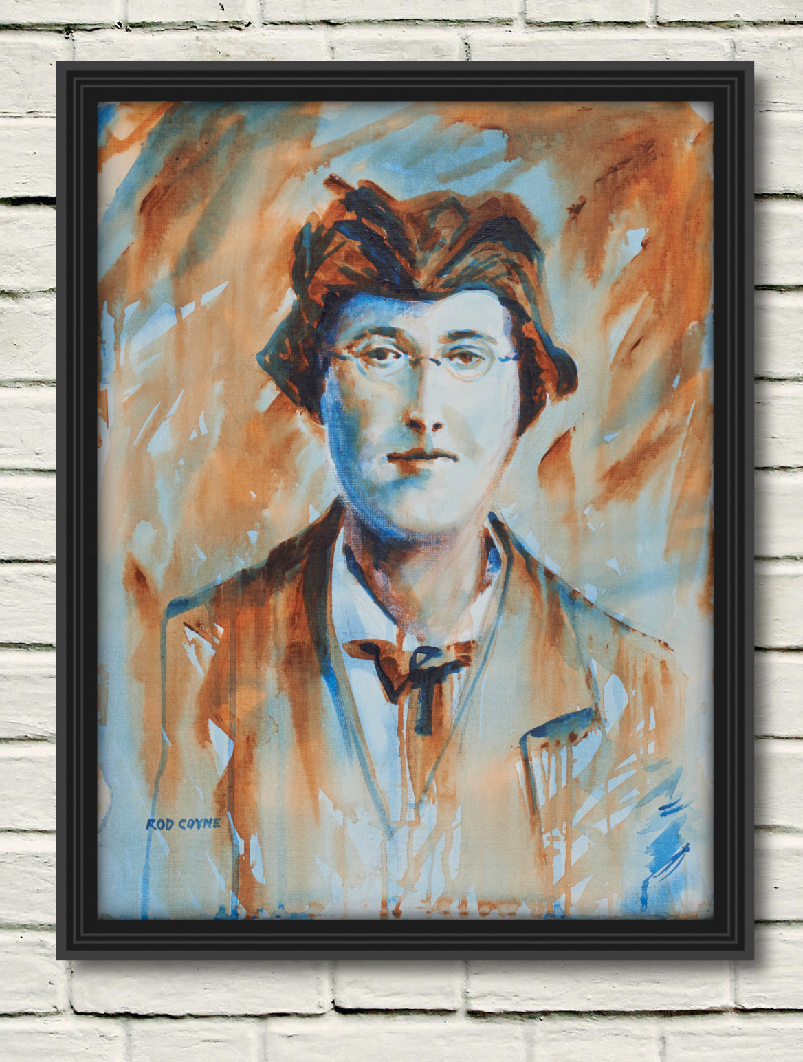 artist rod coyne's portrait "Margaret Skinnider 1916" is shown here, in a black frame on a white wall.