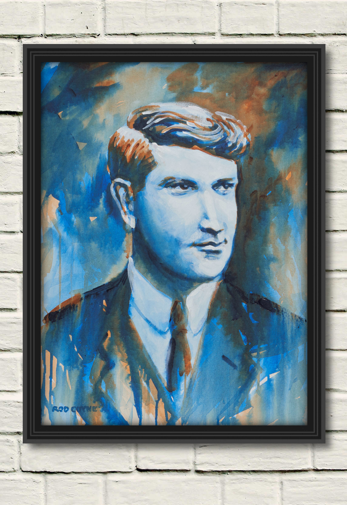 artist rod coyne's portrait "Michael Collins 1916" is shown here, in a black frame on a white wall.