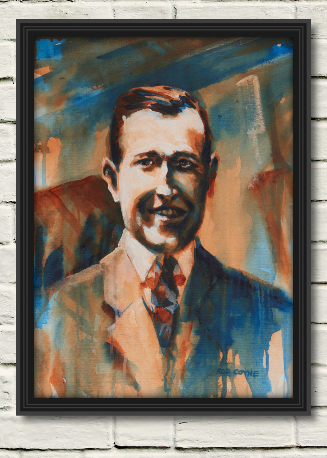 artist rod coyne's portrait "Harry Boland 1916" is shown here, in a black frame on a white wall.