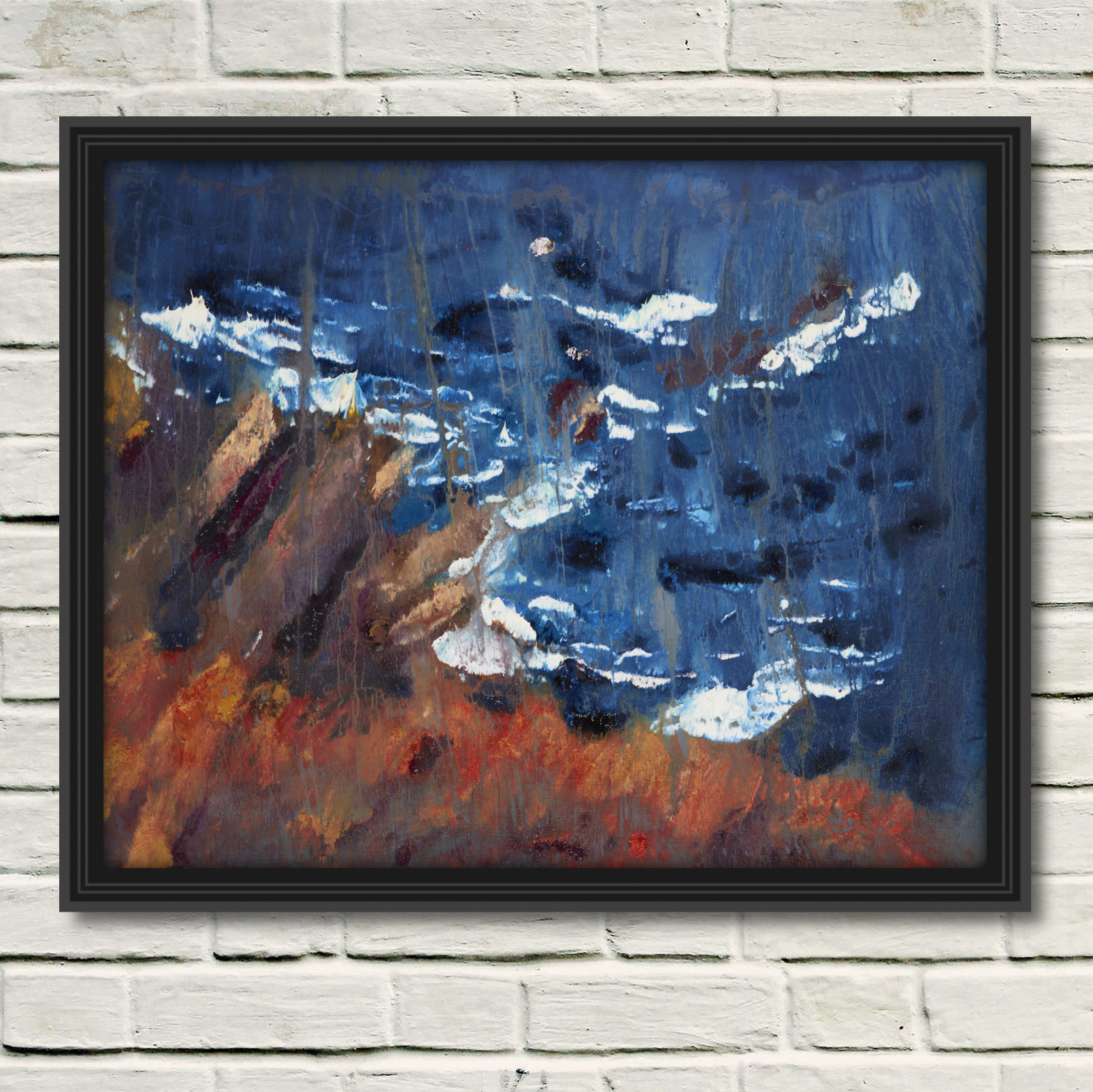 artist rod coyne's seacape "cill rialaig dream" is shown here, in a black frame on a white wall.