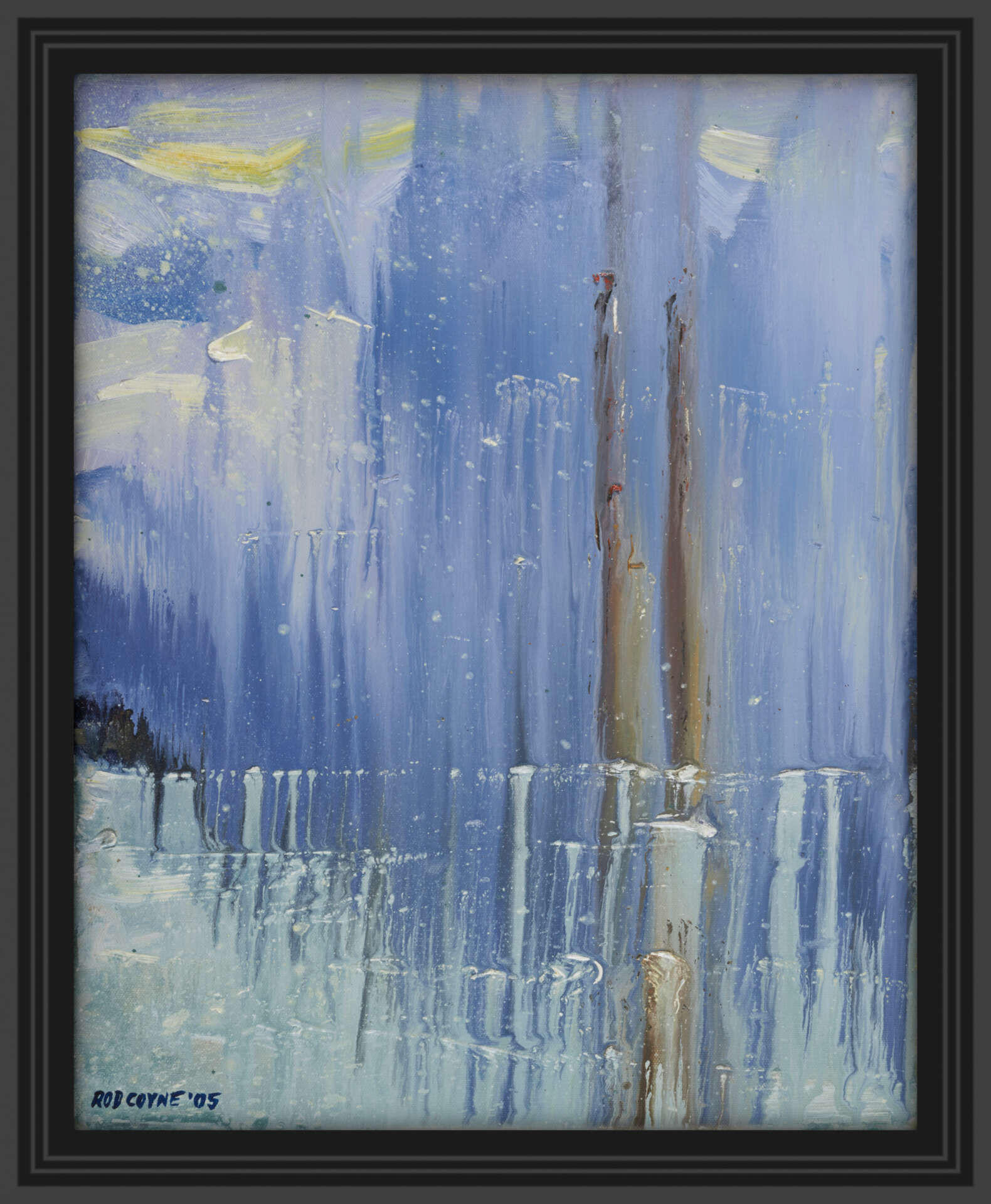 artist rod coyne's seascape print "pigeon house on ice" is shown here in a black frame.