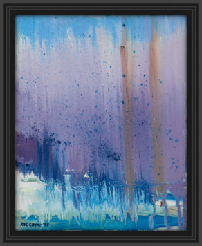 artist rod coyne's seascape "pigeon house mirage" is shown here in a black frame.