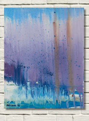 artist rod coyne's seascape "pigeon house mirage" is shown here on a white wall.