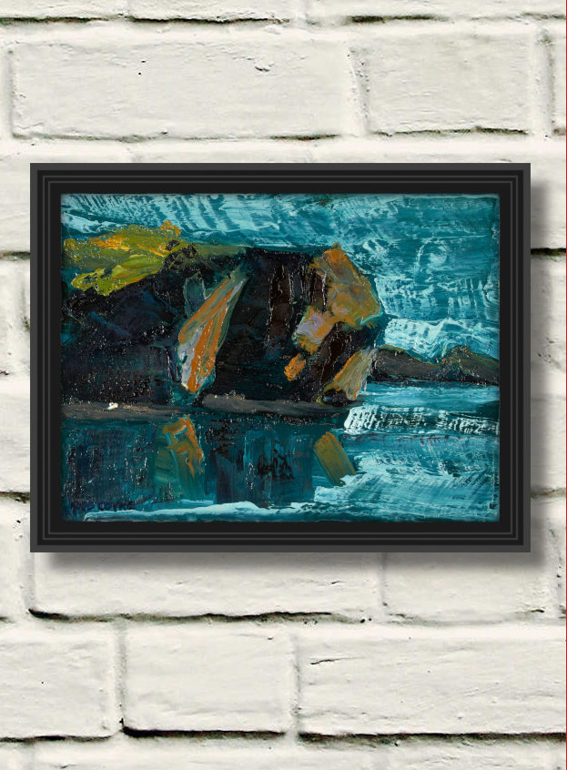 artist rod coyne's seascape painting "departing headland" is shown here in a black frame on a white brick wall.