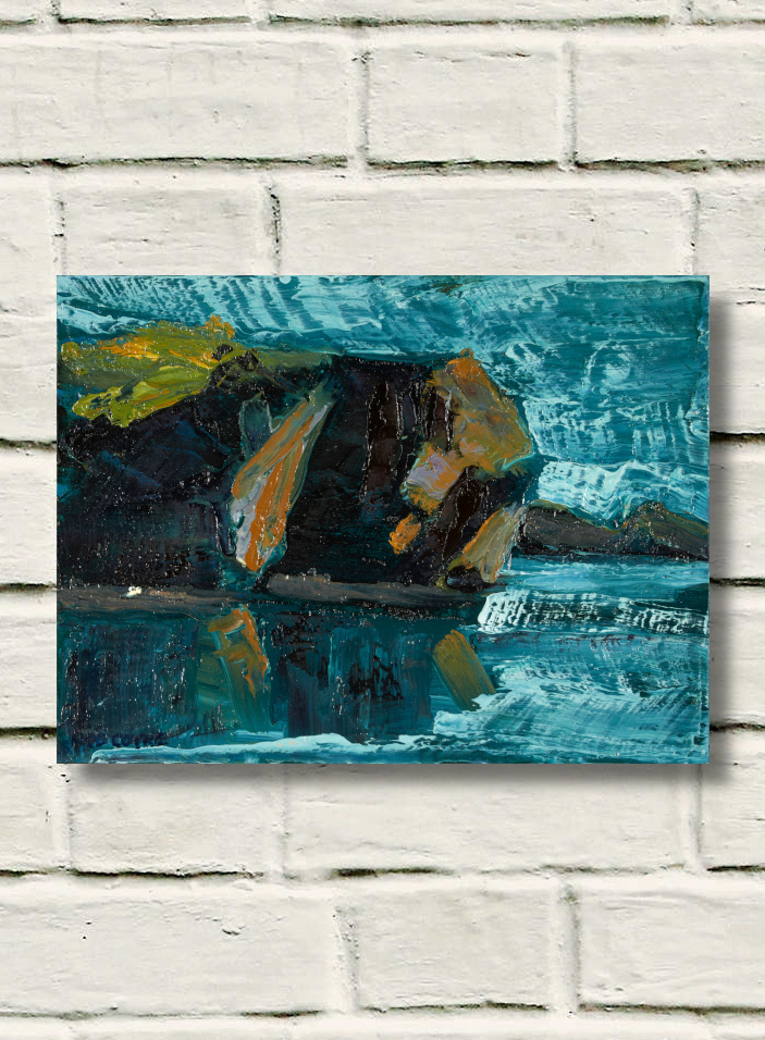 artist rod coyne's seascape painting "departing headland" is shown here on a white brick wall.