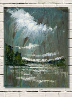 artist rod coyne's seascape "slaney estuary" is shown here unframed on a white wall.