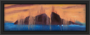artist rod coyne's seascape "puffin meltdown" is shown here in a black frame.