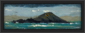 artist rod coyne's seascape "deenish island" is shown here in a black frame.