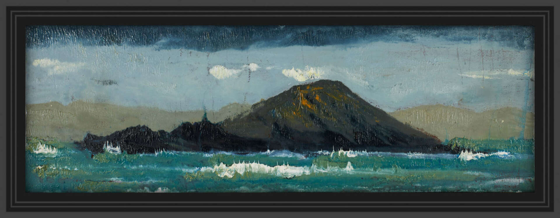 artist rod coyne's seascape "deenish island" is shown here in a black frame.