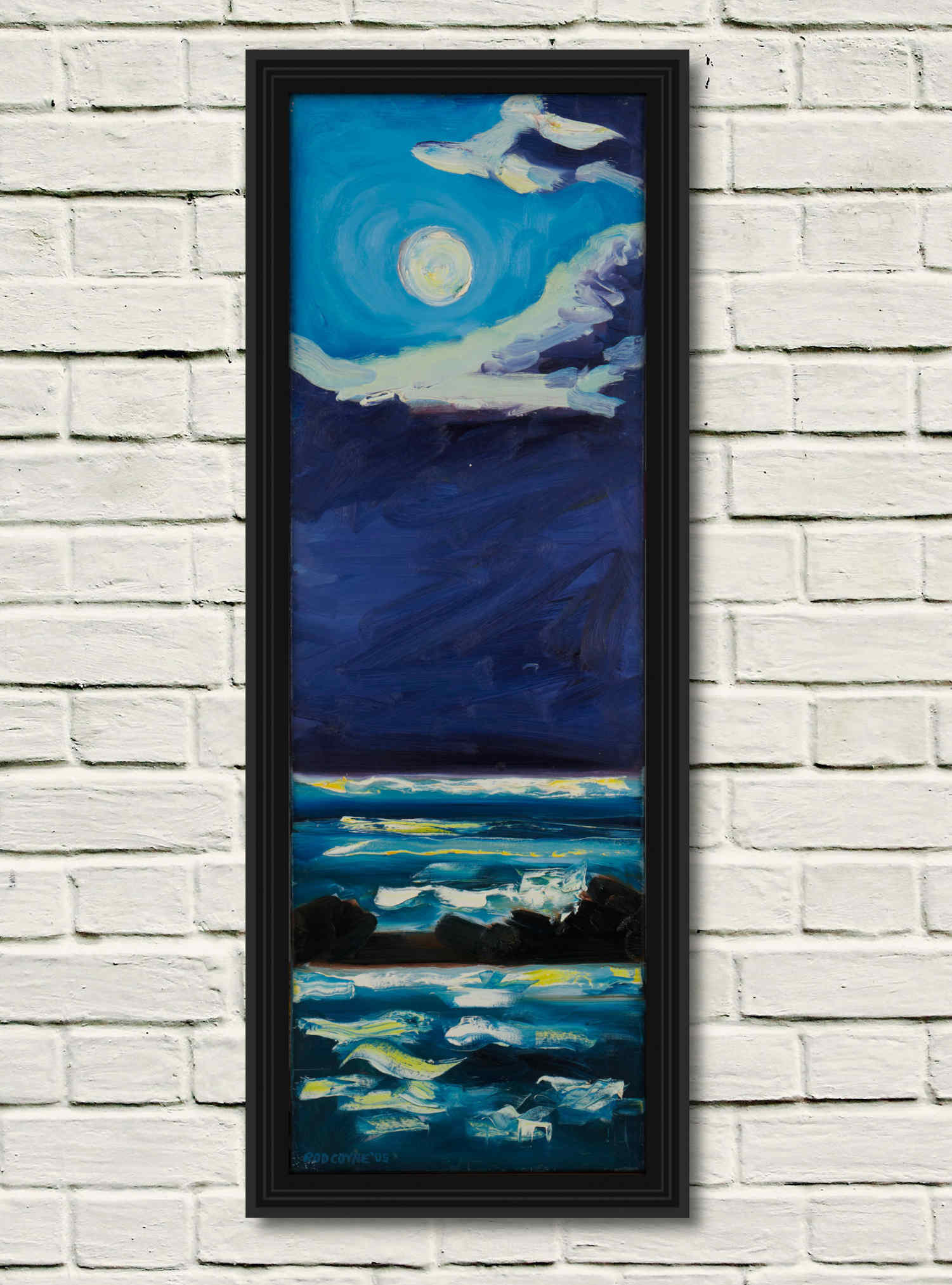 artist rod coyne's landscape "Mugglins Moonshine" is shown here, in a black frame on a white wall.