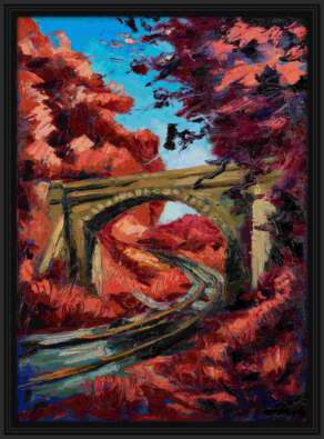 artist rod coyne's landscape "Lion's Arch" is shown here, in a black frame.