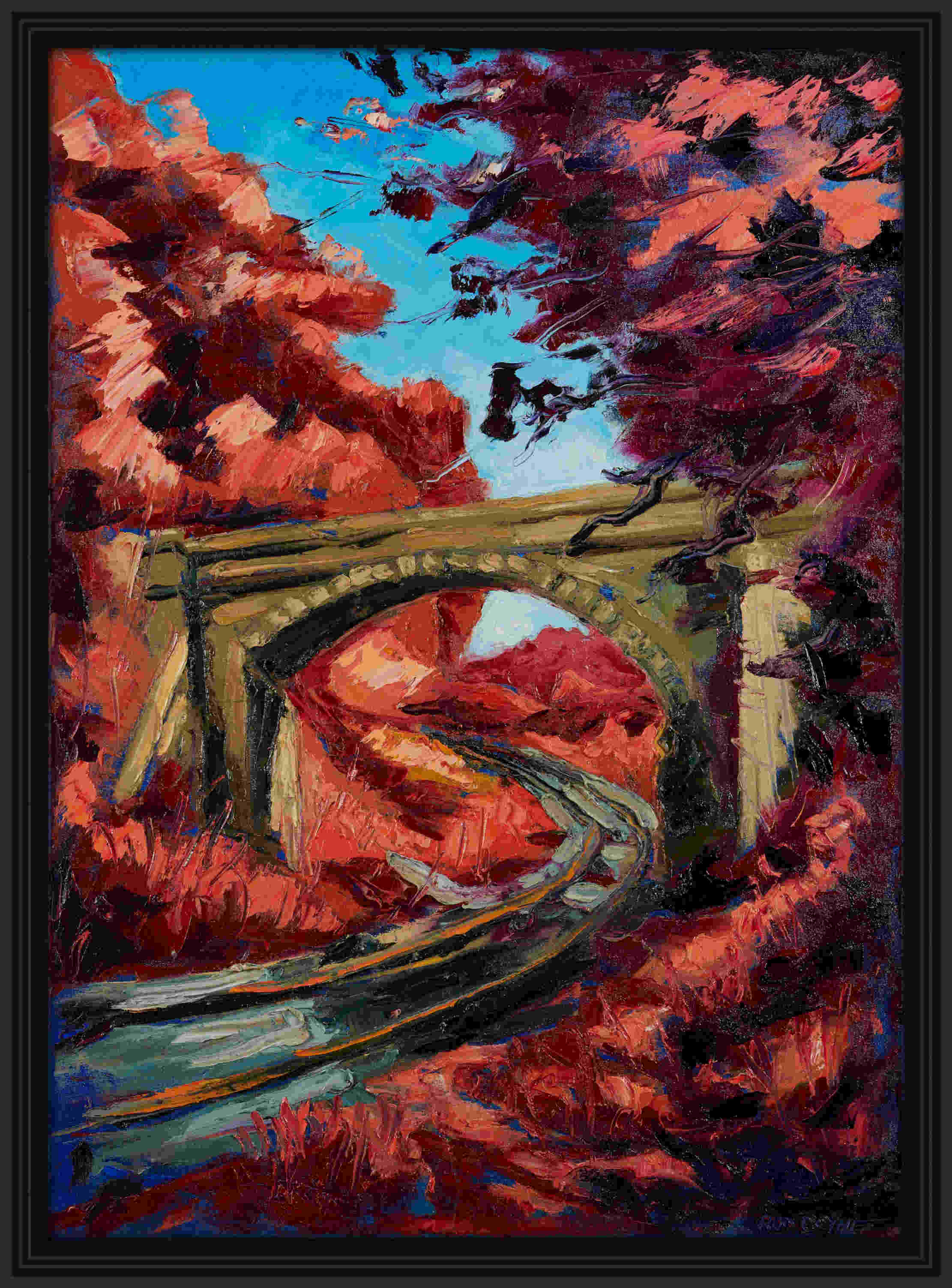 artist rod coyne's landscape "Lion's Arch" is shown here, in a black frame.