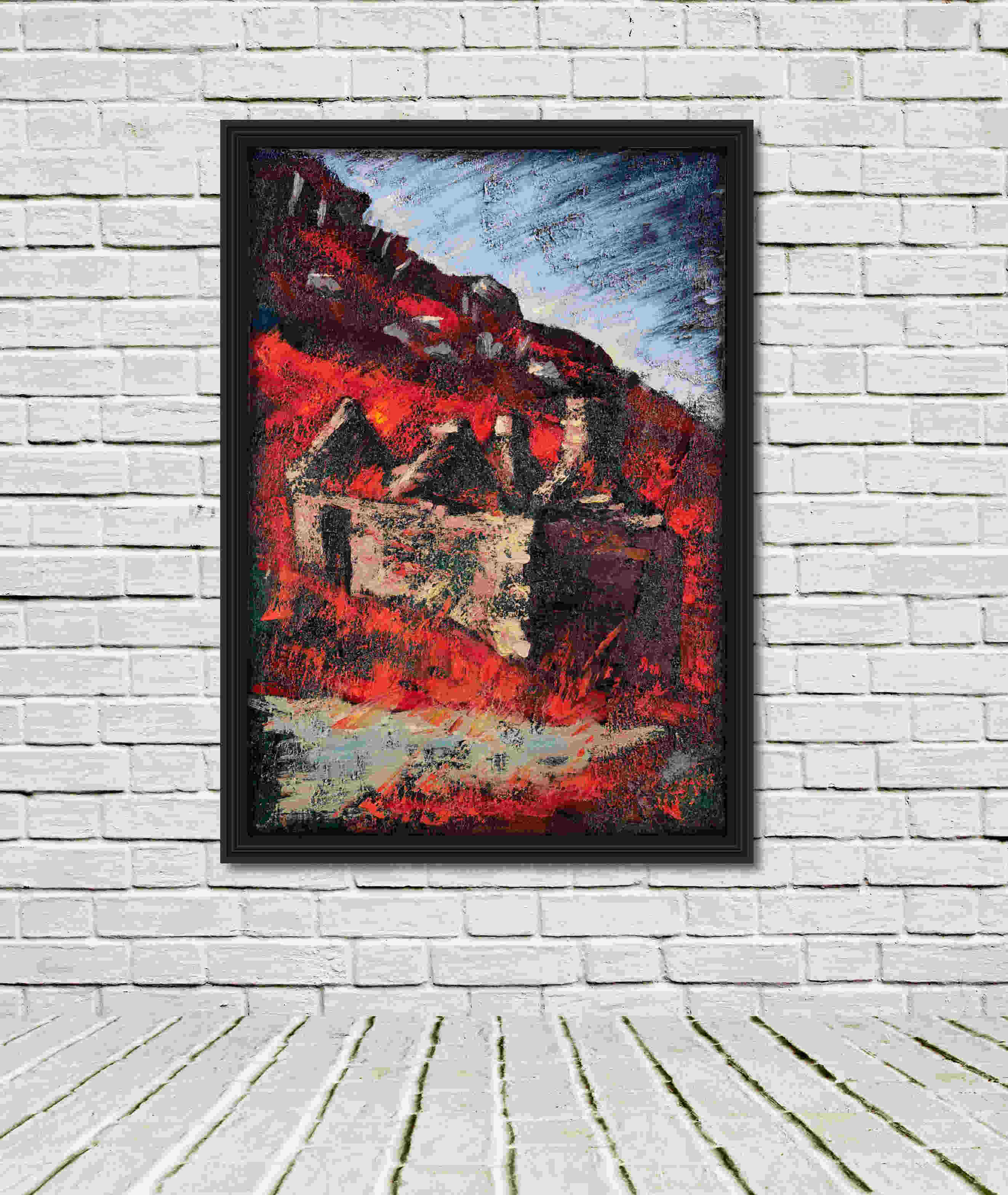 artist rod coyne's landscape "Cill Rialaig Ruins, East" is shown here, in a black frame in a white room.
