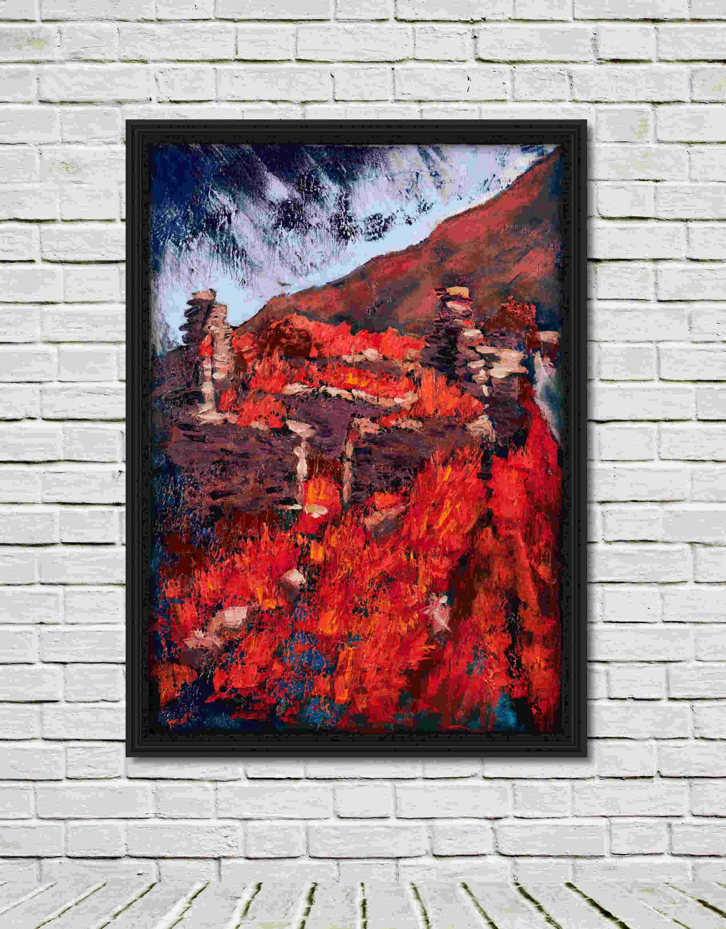 artist rod coyne's landscape "Cill Rialaig Ruins West" is shown here, in a black frame in a white room.
