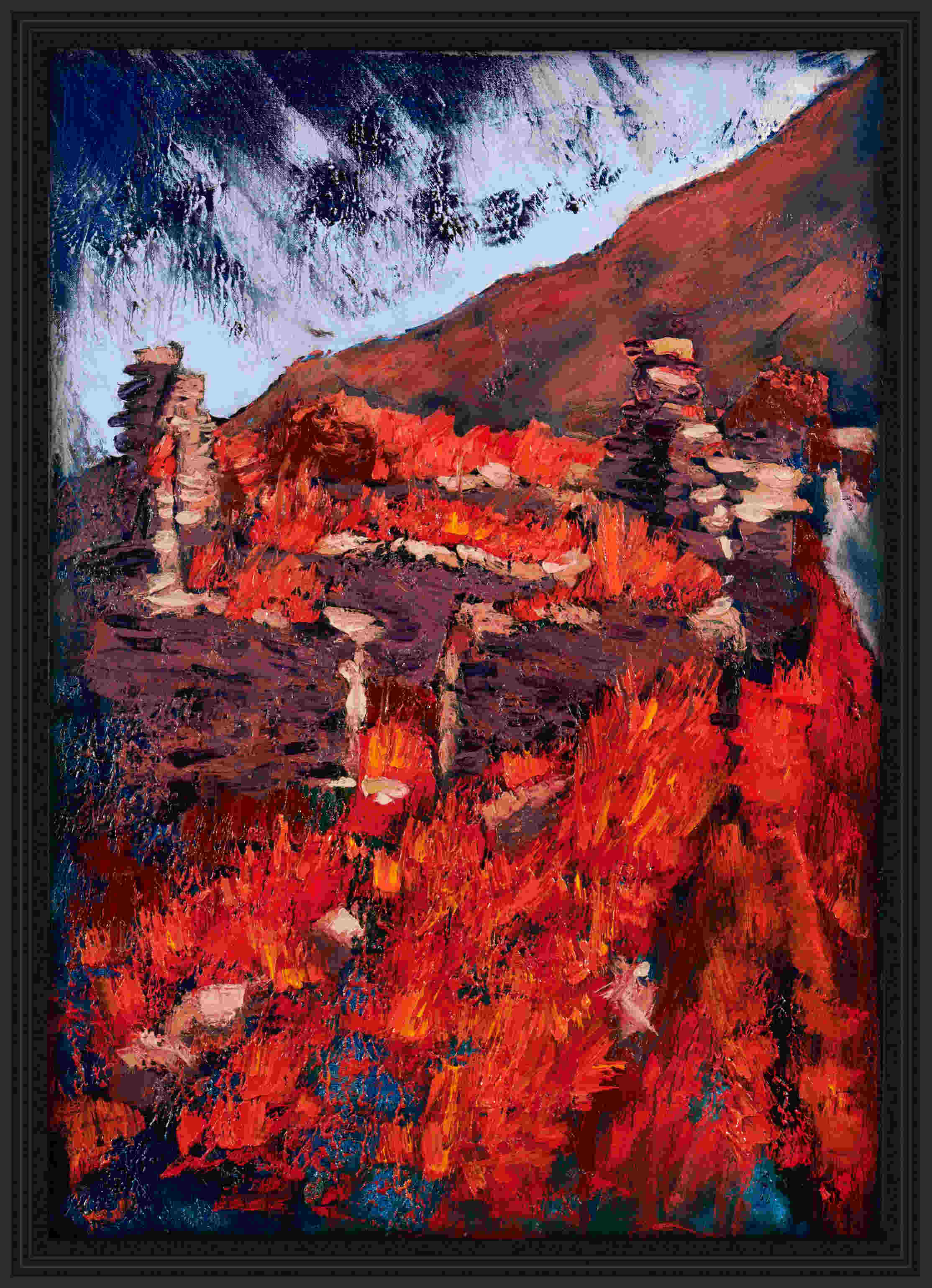 artist rod coyne's landscape "Cill Rialaig Ruins West" is shown here, in a black frame.