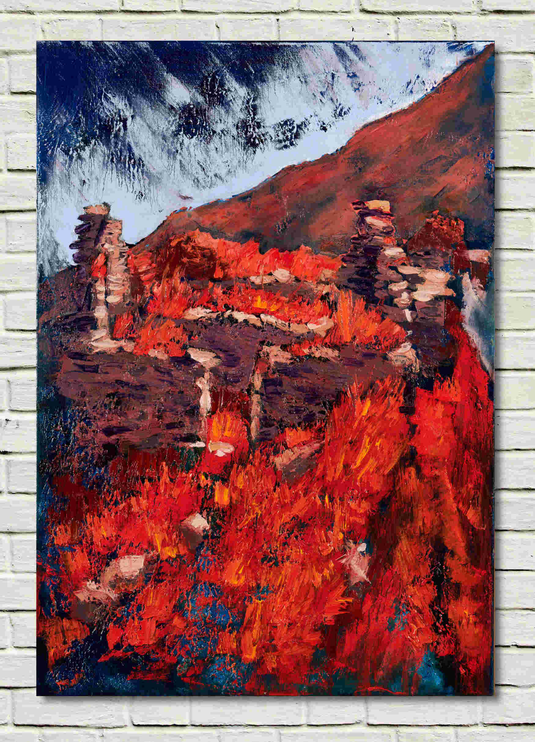 artist rod coyne's landscape "Cill Rialaig Ruins West" is shown here, unframed on a white wall.