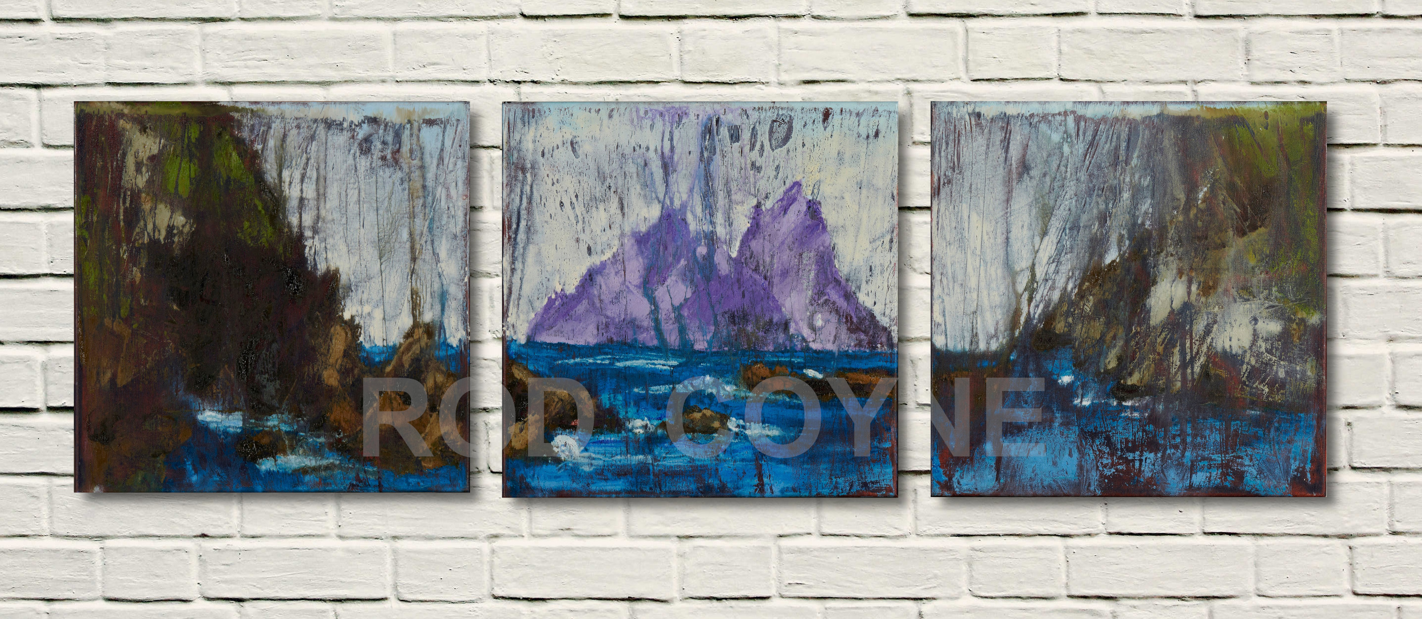 Artist Rod Coyne's triptych "Skellig from Glen Pier" is shown here, watermarked.