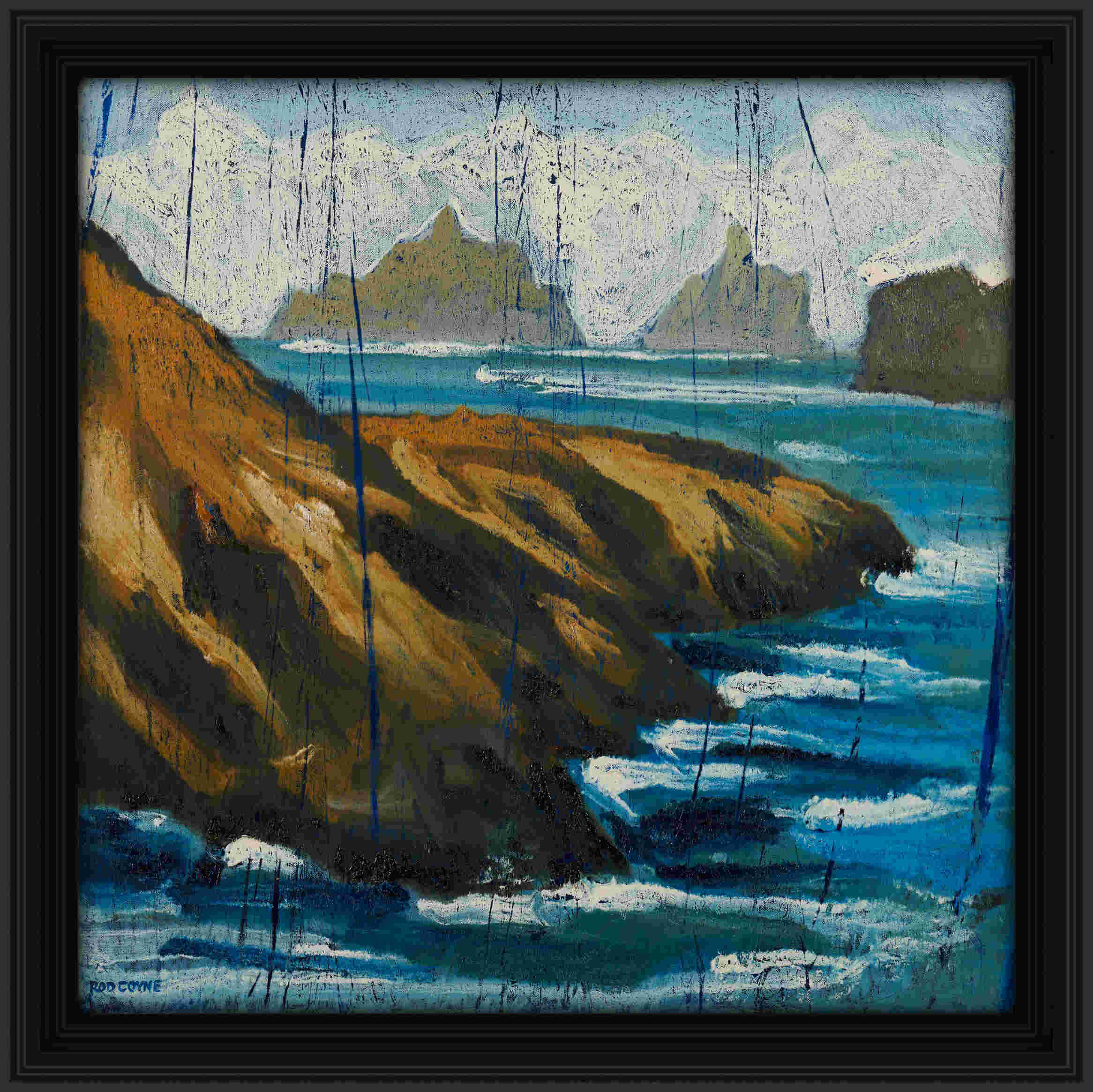 artist rod coyne's seascape "Kerry Islands" is shown here, in a black frame.