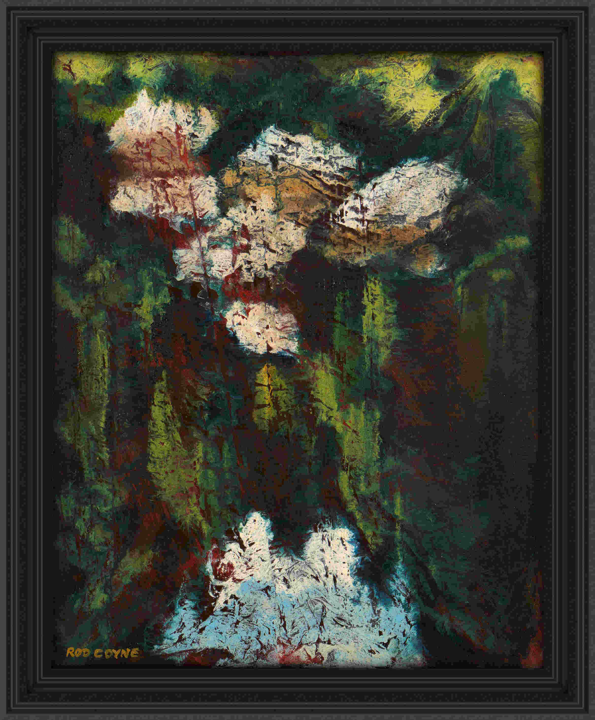 artist rod coyne's landscape "Avonmore Reflections, Boulders" is shown here, in a black frame.