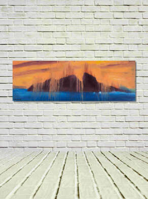 artist rod coyne's landscape "Puffin Meltdown" is shown here, unframed on a white wall.