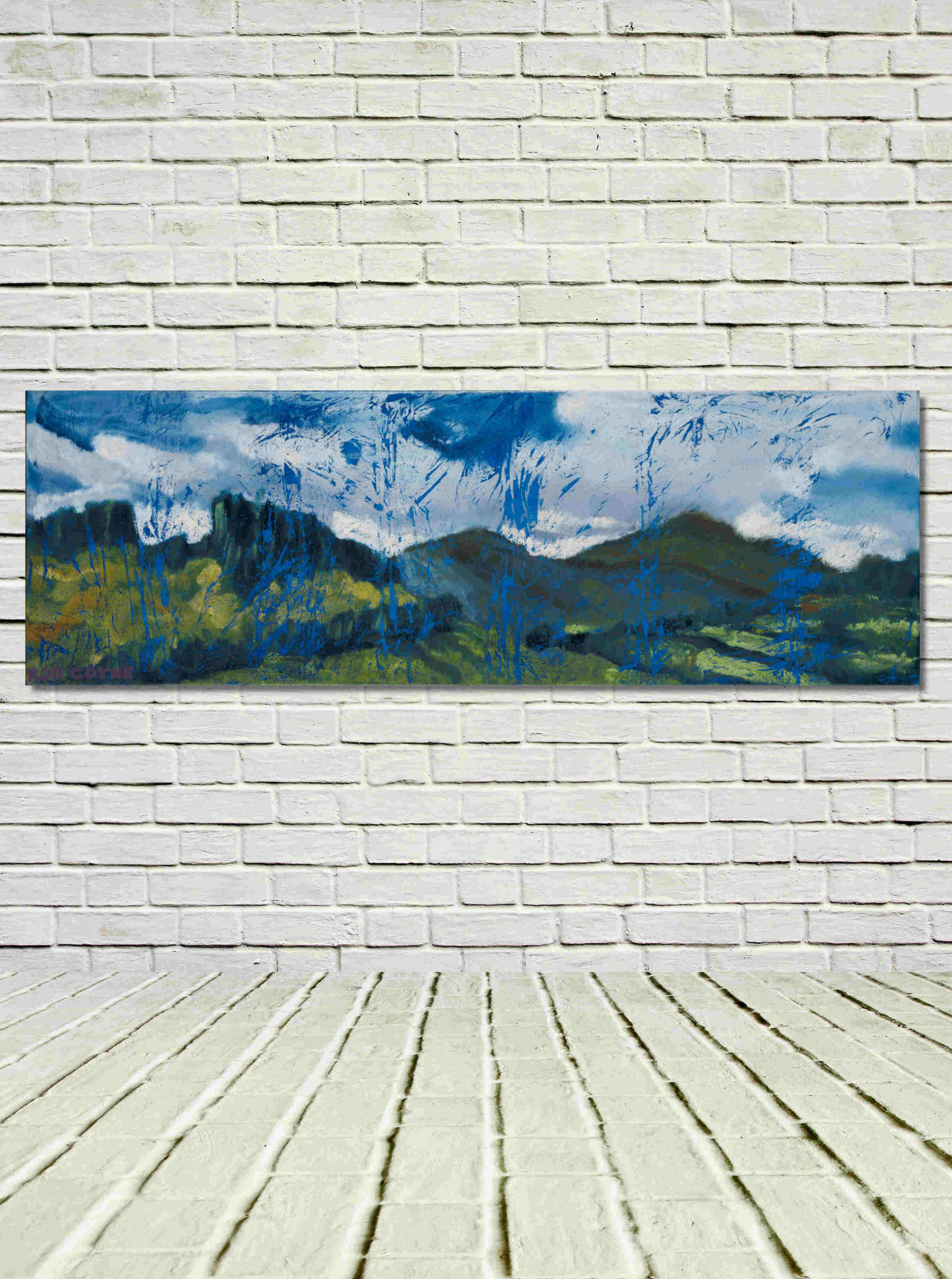 artist rod coyne's landscape "Wicklow Hills" is shown here, unframed on a white wall.