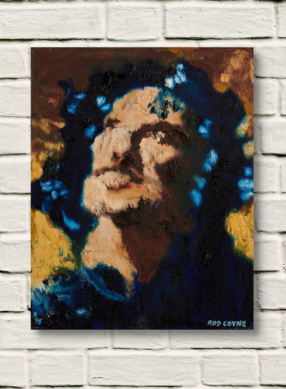artist rod coyne's portrait "Angel Gabriel" is shown here on a white wall.