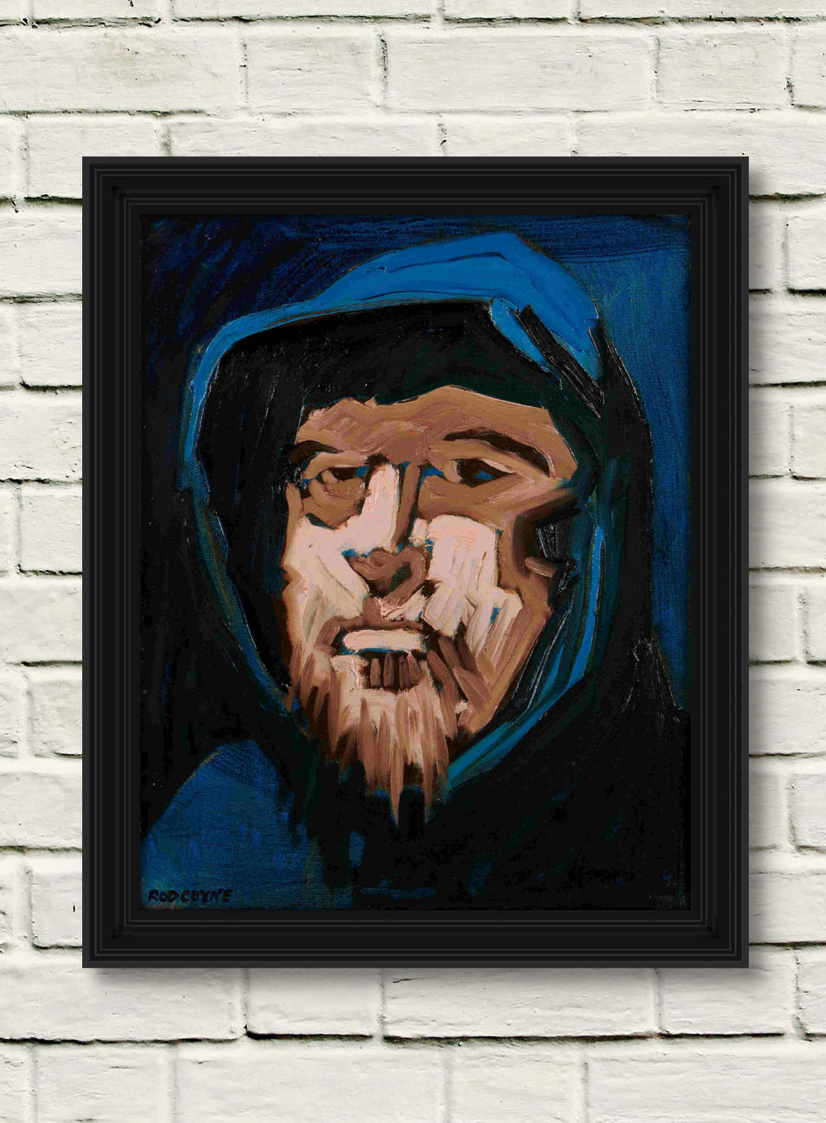 artist rod coyne's portrait "Little Pilgrim" is shown here, in a black frame on a white wall.