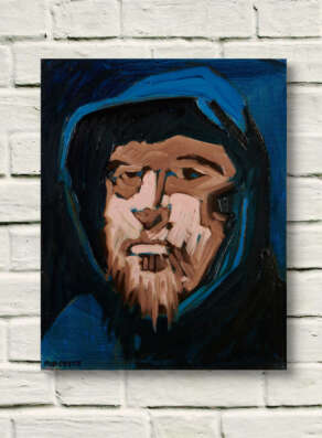 artist rod coyne's portrait "Little Pilgrim" is shown here unframe on a white wall.