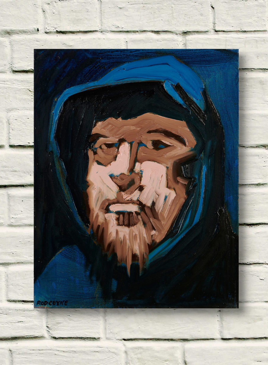 artist rod coyne's portrait "Little Pilgrim" is shown here unframe on a white wall.