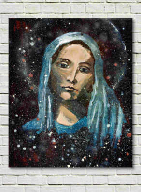 artist rod coyne's portrait "Mary Mother Nature" is shown here, on a white wall.