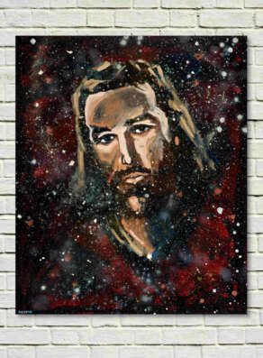 artist rod coyne's portrait "jesus" is shown here, on a white wall.