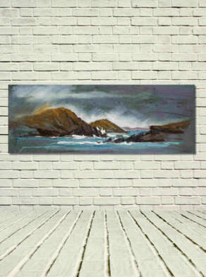 artist rod coyne's landscape "Lady's Ruff Weather" is shown here, unframed on a white wall.