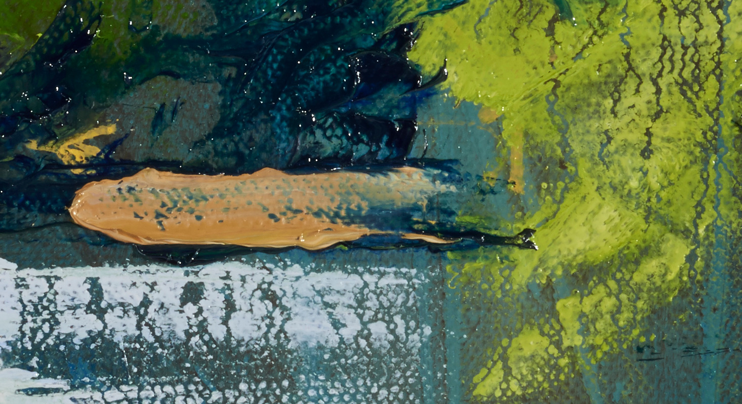 artist rod coyne's triptych painting "summer solstice meeting of the waters" is shown here in close up detail.