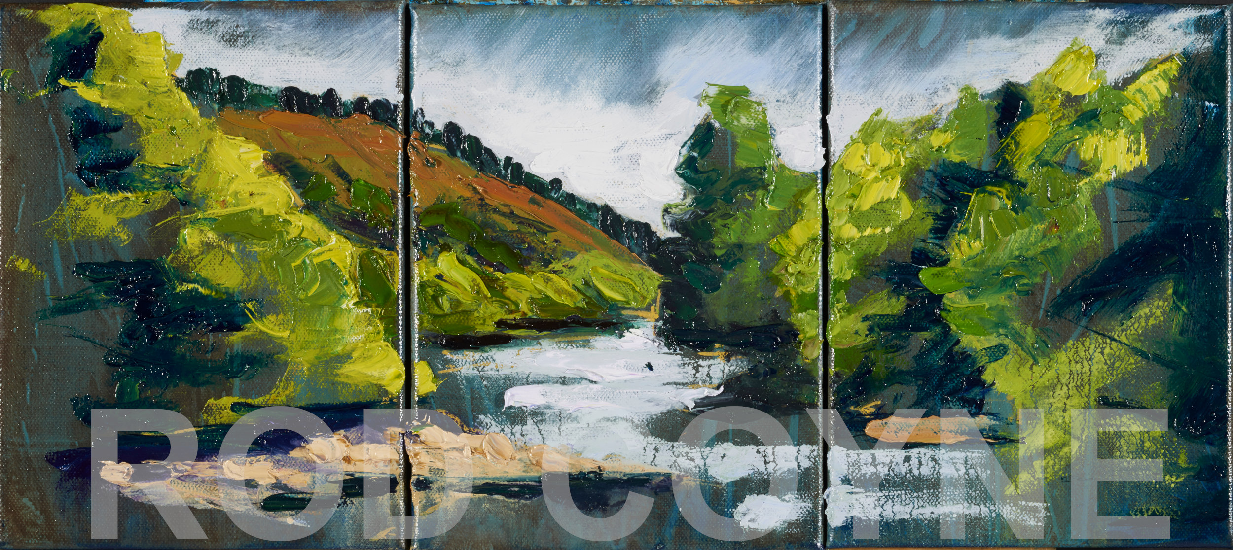 artist rod coyne's triptych painting "summer solstice meeting of the waters" is shown watermarked.